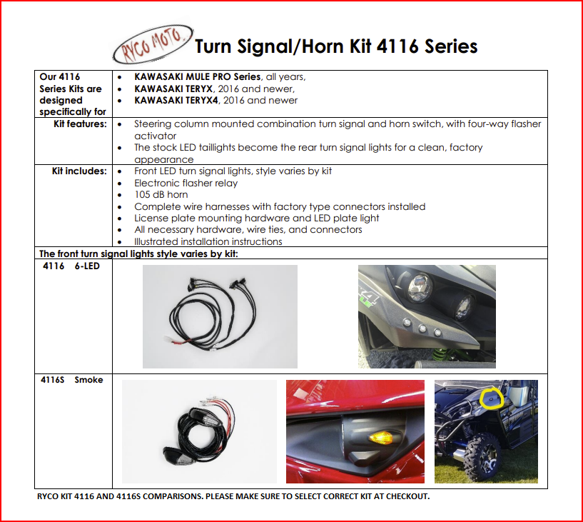 Ryco Street Legal Kit #4116 & 4116S-Kawasaki Mule Pro Series/Teryx/Teryx4